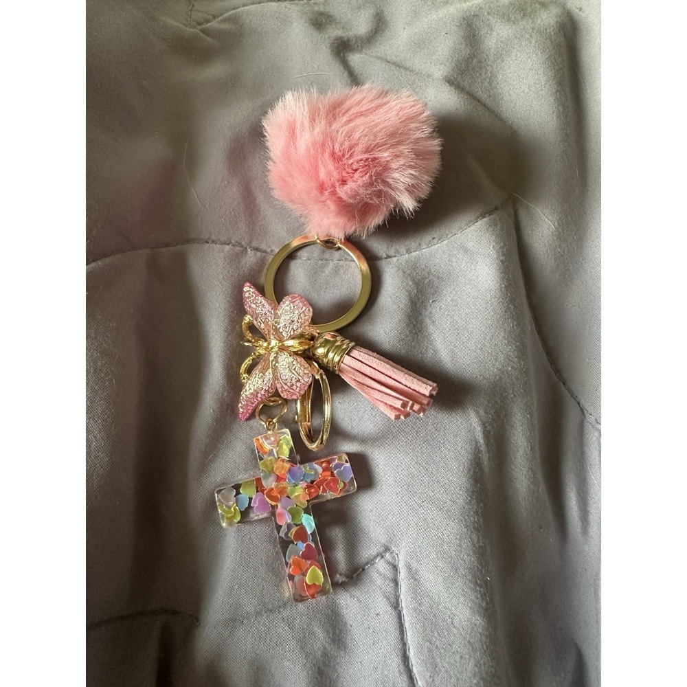 Resin Cross keychain with butterfly charm/Cross Keychain/purse Charm